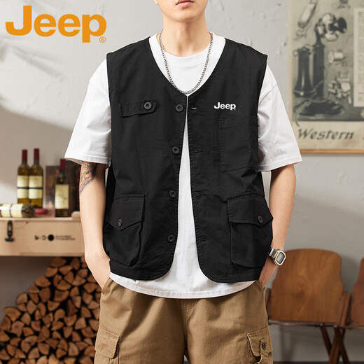 Jeep (JEEP) Vest Men's Spring and Autumn Casual Fishing Vest Workwear Multi-Pocket Fishing Suit Sleeveless Jacket Khaki L