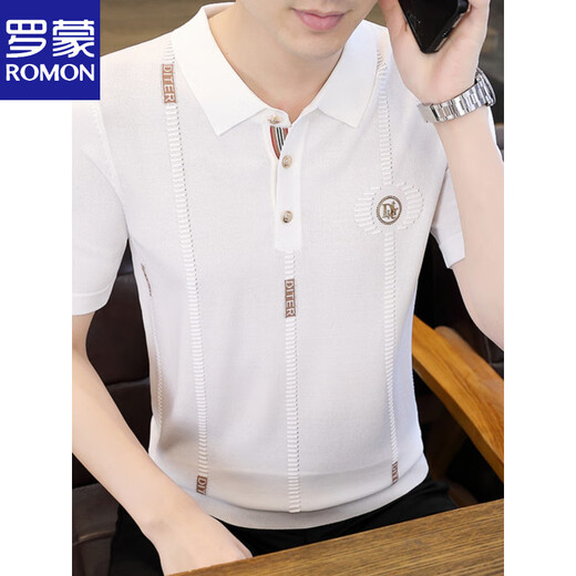 罗蒙（ROMON）翻领针织短袖t恤男士薄款修身夏季冰丝上衣潮流上衣polo体恤衫男 2575-黑色 M 90-105斤