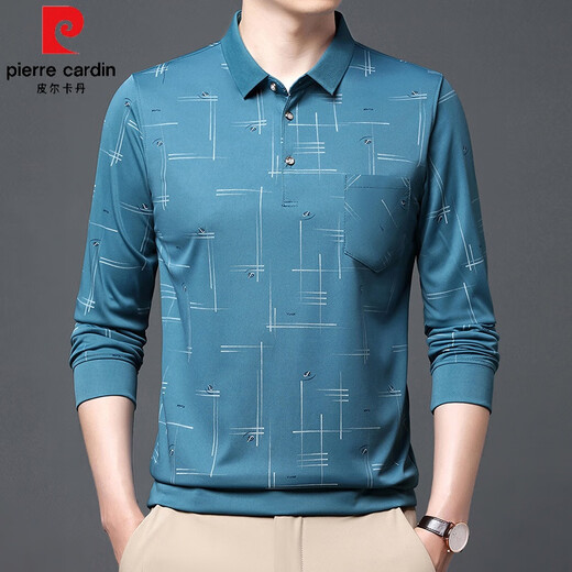 皮尔卡丹（pierre cardin）中老年男士夏季冰丝长袖t恤薄款翻领宽松2025新款爸爸polo打底衫 B753小星星 蓝色 2XL 180/120/54