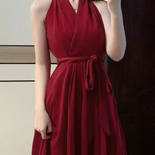 
Geshihui red dress for women in summer new suspender skirt halter skirt seaside vacation style pure hot girl mid-length skirt red halter dress M