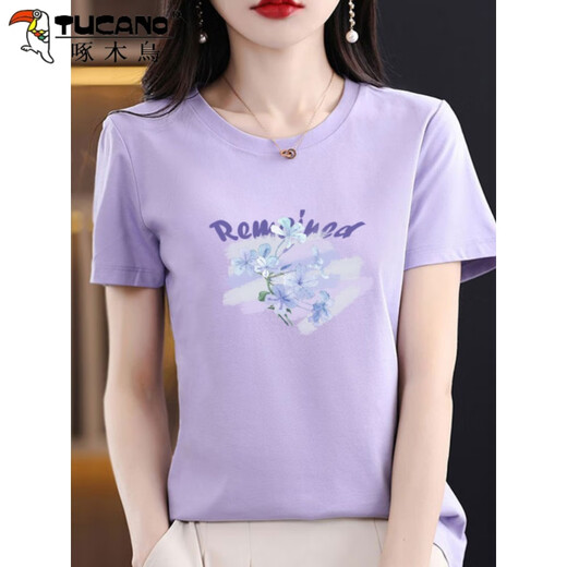 Woodpecker cotton short-sleeved T-shirt women's 2025 summer new loose printed T-shirt summer top 6196 white short-sleeved M (recommended 80-105Jin [Jin equals 0.5 kg])