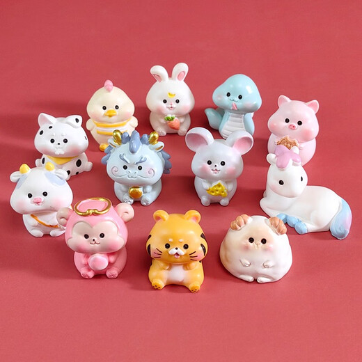 Uther Ensemble complet de douze panneaux zodiaques sac aveugles Tiger Rabbit Horse Model Toy dessin animé Ornement de bureau petit animal Poupée Animal Sac aveugle Lumineux 12 Signes zodiaques Signes