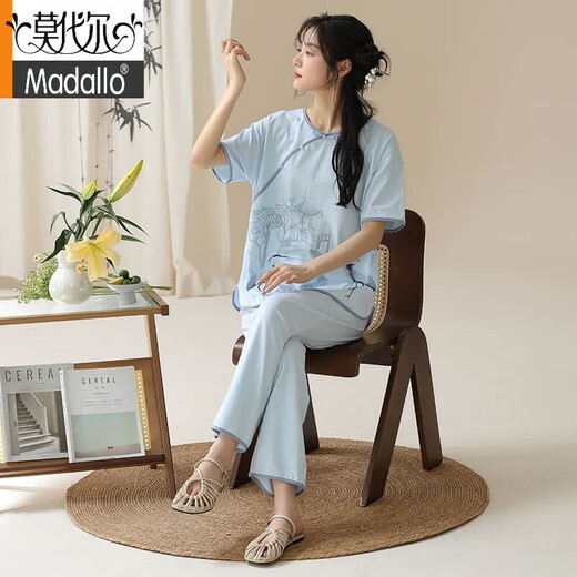 莫代尔新中式睡衣女夏季新款新疆棉短袖长裤薄款可外穿家居服睡衣女士套 9905 M 建议80到100斤
