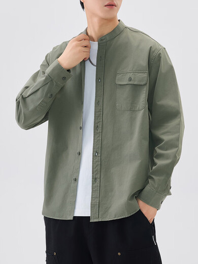 Duken heavy cotton stand-up collar shirt men's long-sleeved spring and autumn Japanese style work jacket coat Henry collar white shirt for men apricot heavy cotton/stand-up collar design M (suitable for 90-110 Jin Jin equal to 0.5 kg)