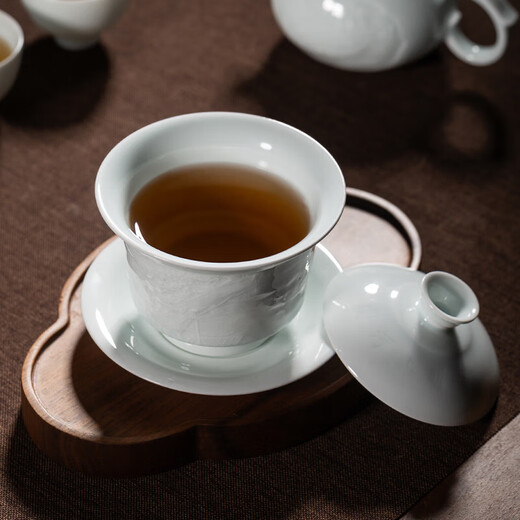 Gold inlaid jade teacher Huang Shouliang's handiwork Jingdezhen Shadow Celadon high-end Kung Fu tea set gift box Qingming Riverside Scene set