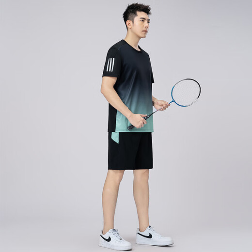 皮尔卡丹（pierre cardin）速干运动套装男士羽毛球服加肥加大码夏季休闲宽松跑步短袖两件套 绿色 9902 6XL 210-230斤
