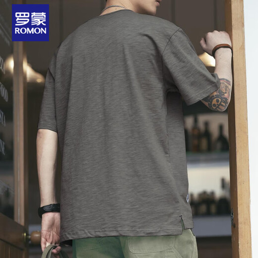 
ROMON American retro bamboo short-sleeved T-shirt men's summer fashion brand Henry shirt Ami Kaji Polo shirt men's spring and summer dark gray XL suitable for 145-160 Jin [Jin equals 0.5 kg]