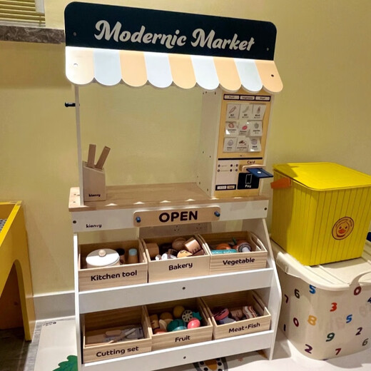 Chengliu children's barbecue table toys wooden play house kitchen cooking BBQ supermarket grill girl June 1st holiday gift Nordic style wooden combination four-piece set