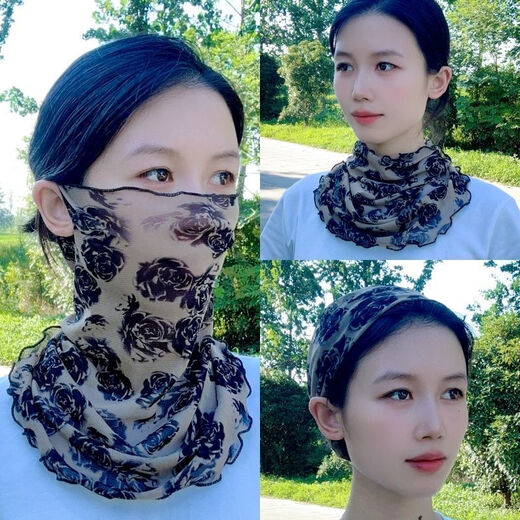 Bohai Chao sunscreen veil women's summer mask face mask driving ice silk face covering thin sun mask neck scarf cover rose white