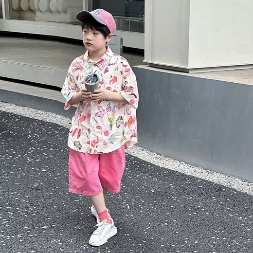 G.Duck Blumenhemd Jungen Sommer Thin Hong Kong Style Seaside Casual Kurzärmelig-Urlaub Retro-Shirt Trend mittelgroße Kinderjacke 6621 Pink Shirt Single Piece 140