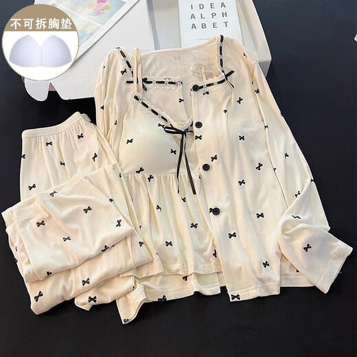 Fhhuabd-Pyjamas mit Baumwoll-Reisstadel für Frauen Frühling und Herbstmodal warm warm, langhärme graue Schlinge Bug Kleidung Drei-teilige Set 6621#. Schwarz-modal dreiteiliger Set 2XL empfohlen 130-155jin [Jin ist 0,5 kg]