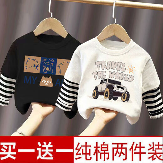 Pure cotton boys' fake two-piece long-sleeved T-shirt 2025 spring and autumn new style children's baby patchwork tops and bottoming shirts patchwork ~ white + lake blue (C103 + C82) 110 cm recommended height 105cm
