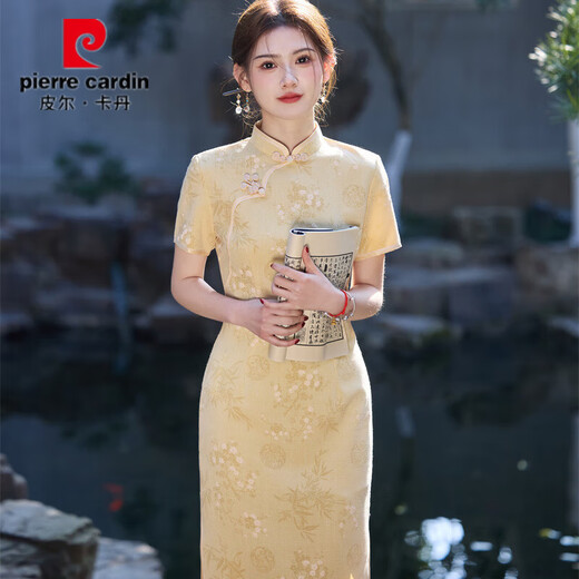 皮尔卡丹2025春夏新款旗袍竹节麻印花中长款旗袍透气小个子年轻款短袖旗袍 826 蓝色 2XL