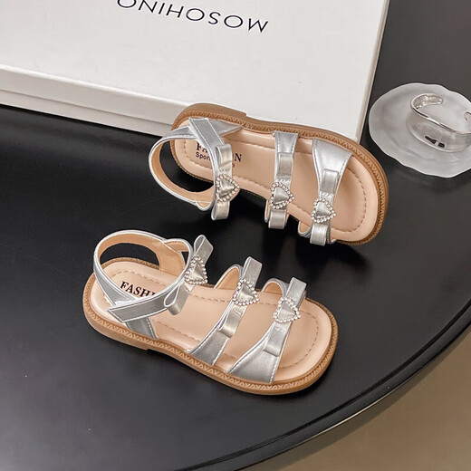 Girls Princess Sandals 2025 Summer New Children's Sandals Soft Sole Medium and Large Children's Open Toe Sandals Velcro Girls Silver Size 26 Inner Length Approximately 16.2cm