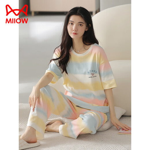 Cat Man (Miiow) Sommer Frauen Kurzarm Pyjama Set 100 reine Baumwollhosen Hauskleidung Vollte Baumwolle kann außerhalb Sommerstreifen Cartoon Y9717 m (vorgeschlagen 75-95jin [Jin gleich 0,5 kg]) tragen)