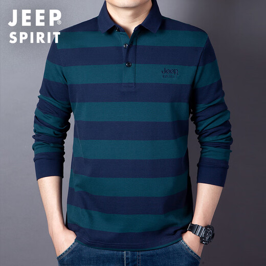 JEEP SPIRIT Jeep spring and autumn new loose business striped cotton long-sleeved T-shirt men's Polo shirt tops T-shirt men's military green L