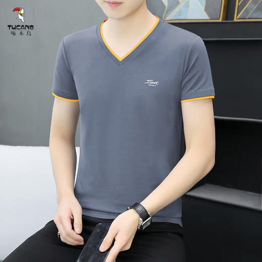 
Woodpecker (TUCANO) T-shirt for men's new short-sleeved V-neck Korean slim-fit men's base shirt half-sleeved casual summer T-shirt top trendy T 693 dark gray XL