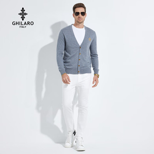 GHILLO/GULAOGINOR Patrón de logotipo de bordado para hombres Cardigan de punto de lana de manga larga 6410-90 gris m/170/48
