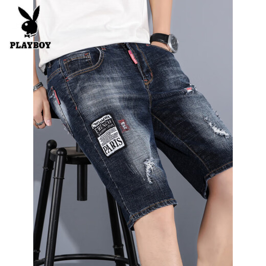 Playboy (PLAYBOY) Ripped Denim Shorts Men's Five-point Breeches Trendy Brand Ins Seven-point Mid-Pocket Trendy Half-point 5-point Pants Summer Thin K#869 Blue and Black [Five-point Micro-Boom] XL 32