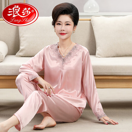 Langsha (Langsha) Mutter Pyjamas für Frauen im Jahr 2025 neue komfortable Sommer-Langarm-Seiden-Heimkleidung für die Kleidung mittleren Alters und ältere Menschen können außerhalb von 683 Champagnerfarbe (langer langer Stil) getragen werden.