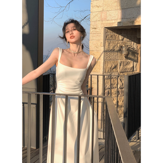 Zuxu white suspender dress for women 2025 new summer thin seaside vacation style mid-length skirt for women to look slim. White wide suspender dress for women. M (90-110Jin[Jin equals 0.5 kg])