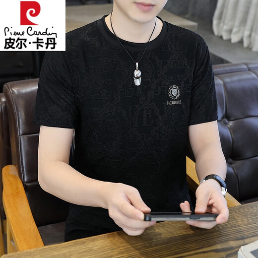 皮尔卡丹冰丝短袖T恤男夏季新款高端工艺男士冰感提花体恤衫百搭打底衫男 753黑色 XL 建议穿130-150斤