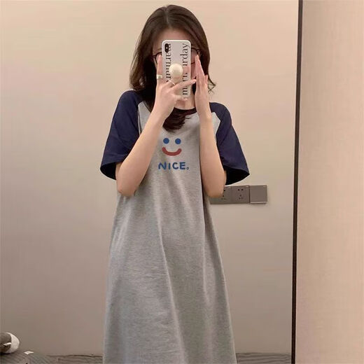 COLORFUL GEMS春夏季显瘦睡裙宽松短袖韩版家居长裙 1105#灰色表情包裙 均码