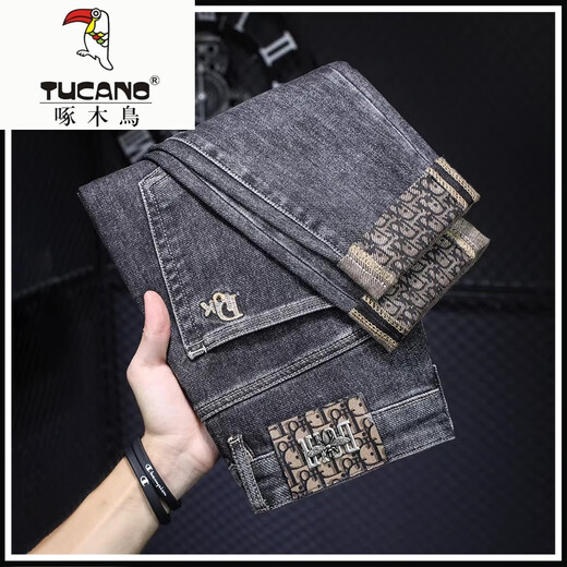 Woodpecker (TUCANO) spring and summer thin high-end printed embroidery trendy brand Xintang nine-point jeans men's trendy elastic nine-point trousers 691 black [single set] 28