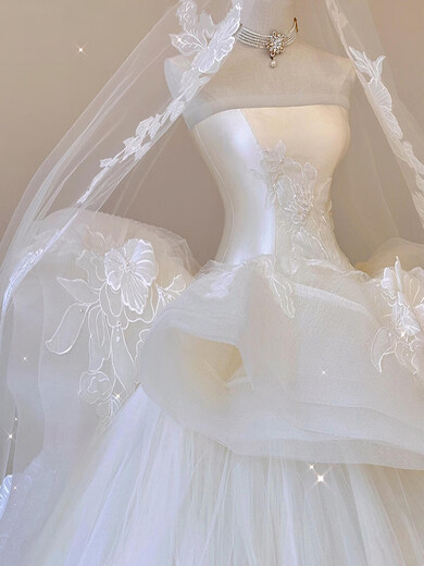 Slave style white tube top light wedding dress 2025 new bride high-end texture small tail high-end customized main yarn white tail wedding dress L