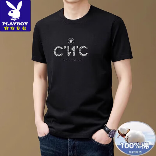Playboy (Playboy) Ropa masculina para hombres Camiseta de manga corta de cuello redondo 100% puro para hombres y camiseta de medios mangas de manteos de tamaño transpirable para hombres de mediana edad.