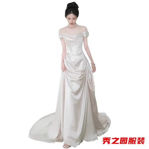 Versesa Satin Light Wedding Dress Evening Gown for Women Summer One Shoulder Simple Retro French Welcome Entrance Veil Temperament White Engagement White M