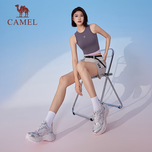 骆驼（CAMEL）星耀运动女鞋厚底增高透气休闲老爹鞋子 X25B09L7022 银白/粉 36