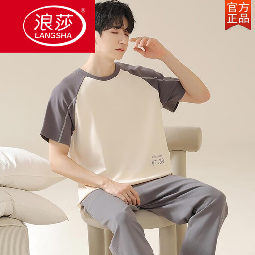 浪莎（LangSha）2025睡衣男纯棉夏季短袖长裤薄款大码简约透气可外穿家居服套装 13603【100纯棉短-袖+长-裤套】 2XL 【建议140-160斤穿】