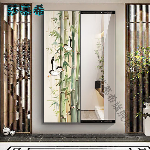 莎慕希（SHAMUXI）竹报平安客厅隐藏式全身镜装饰画新中式玄关镜子挂画卧室穿试衣镜 WH-725-A-竹报平安 50*150+晶瓷防刮+左推拉