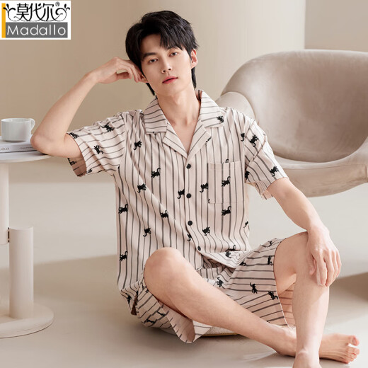 莫代尔睡衣男款男士夏季纯棉2025新款短袖大码夏天蓝色居家居服套装夏款 YD-LMSJ9227 绿色英文口袋 翻领 XL
