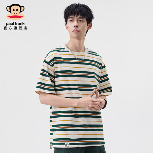 大嘴猴（paul frank）美式潮牌条纹男士短袖T恤春夏季薄款宽松圆领弹力百搭男装体恤衫 绿色698D【官方正品】 XL 【建议140-155斤】