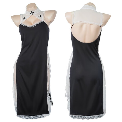 
Ji UUY (JIUUY) Virgin Cos Pure Sexy Tight Translator Halloween Uniform Pure Sexy High-Slit Lace Cheongsam Dress 9740 Black (Skirt + Headband + T-Pants) All Size
