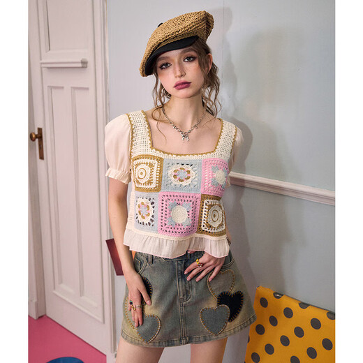 Fairy pocket chiffon spliced square collar crochet sweater for women 2024 spring and summer new puff sleeve short top Gentle pink M