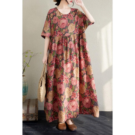 Jiandang grande taille Vêtements pour femmes Fat MM printemps et été rond des fleurs littéraires Bohemian Style de vacances robe longue 16834 Fleurs roses uniques [200jin [Jin est égal à 0,5 kg] ci-dessous]