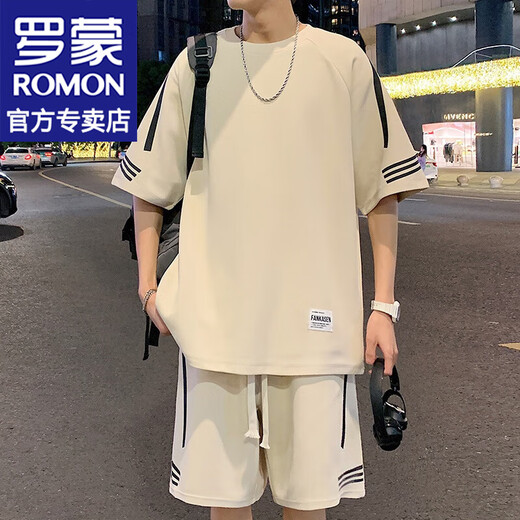 罗蒙（ROMON）港风短袖t恤男士夏季新款休闲运动套装宽松半袖男T上衣服男装 FKS653白色套装 3XL 约170-190斤可穿