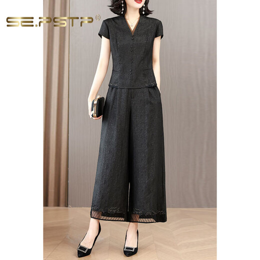 Xiadian Sutra Queen (SE.PSTP) Xiangyunsha Set Women's 2025 Summer New Style Temperament Slimming Belly Mom Wear Wide Legs Two-Piece Set Black 1416# 2XL [116-130Jin[Jin equals 0.5 kg]]