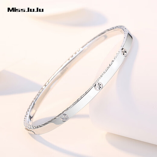 Miss JuJu pt950 platinum bracelet for women, shiny plain ring, glossy oval chaise bracelet, inner diameter 58mm, weight 14.44 grams, width about 4.0mm