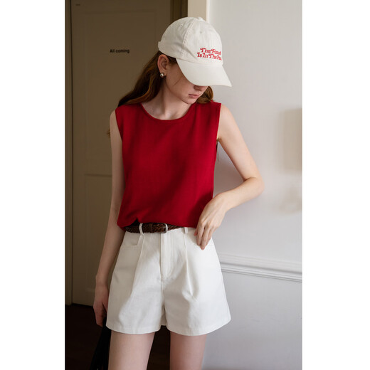 
EGGKA simple back-breasted design round neck vest for women 2025 summer temperament short slim sleeveless top Apricot color All size