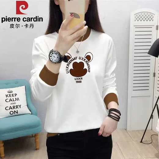 Pierre Cardin Early Frühling Neues 2025 Langsalz T-Shirt für Frauen dünn lose und vielseitig Herbst und Winter modischem Hutloses Sweatshirt für Frauen außerhalb von 5009 Milchkaffee [Frühling und Herbst vielseitig] M empfohlen 85-100jin [Jin gleich 0,5 kg]