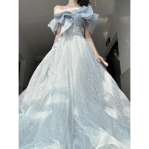 
Women's Banquet One-Shoulder Evening Dress Women's Banquet Temperament Light Luxury Niche High-end Host Art Exam Adult Gift Puffed Garnish Skirt Women Picture Color L