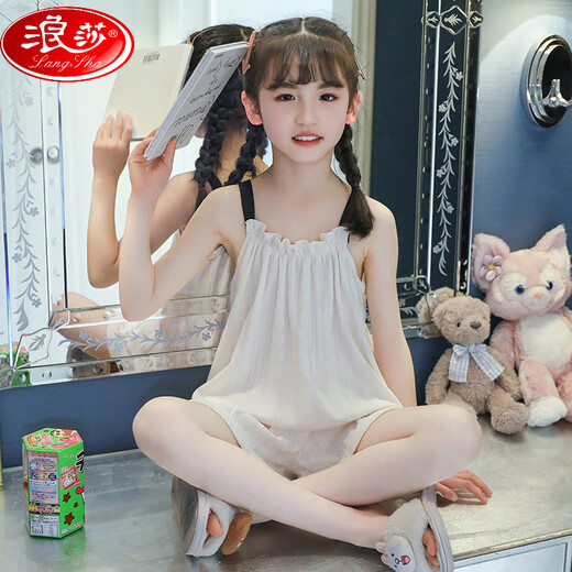 Langsha Summer Girls Pajamas 2025 Новая детская тонкая стропа домашняя одежда в корейском стиле в стиле принцессы для принцессы и дочери родитель-кильд-деть тренд LD11303-Apricot Flowers [Style] S (150) Повторный размер