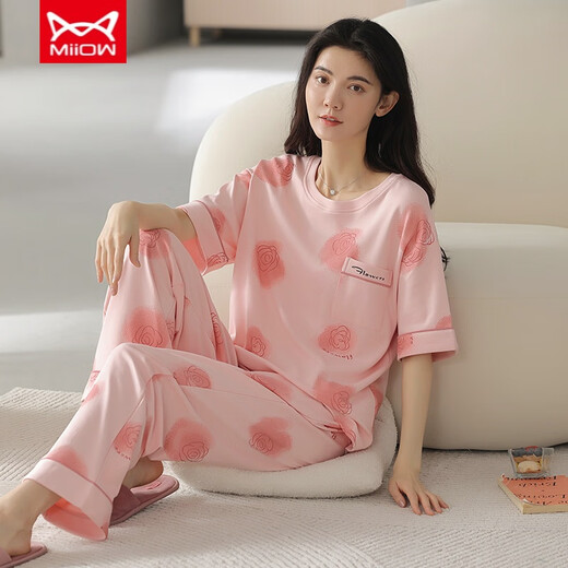 猫人（MiiOW）睡衣女夏季纯棉短袖长裤薄款纯棉夏天女士家居服套装春秋季 YZT9716 短袖长裤 M 80-100斤