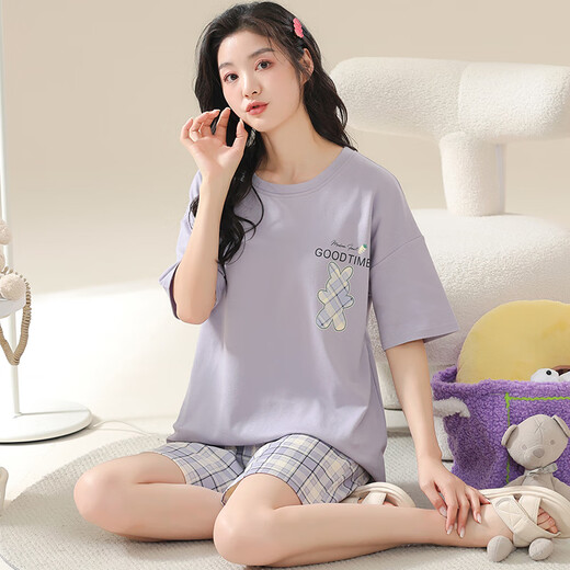 Pajama de manga corta a cuadros de verano Juego de pijamas para el hogar algodón de algodón de gran tamaño MM200Jin [Jin equivale a 0.5 kg] se puede usar afuera en el verano de la versión coreana KNC3519 m (recomendado 80-95Jin [Jin iguala 0.5 kg])