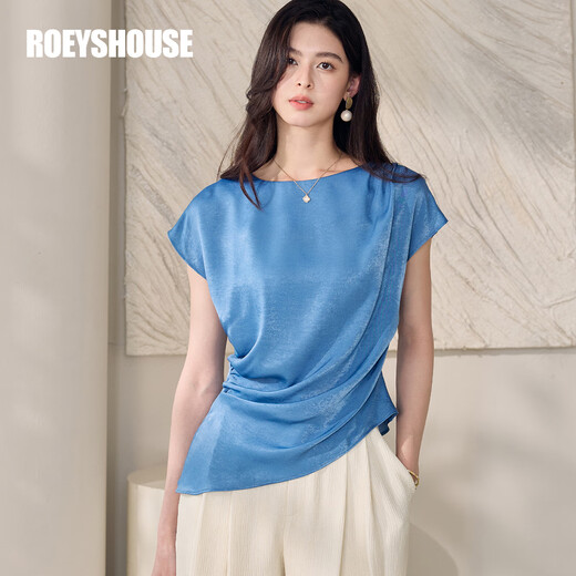ROEYSHOUSE Luo Yi Premium Blue Satin Shirt Women's 2025 Summer New Style Chic Pleated Waist Slim Top 12043 Blue M