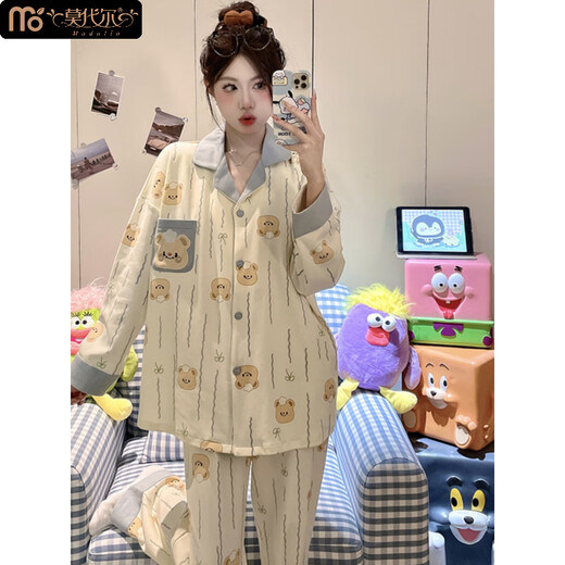 莫代尔睡衣女春秋款长袖带胸垫2025新款可爱卡通甜美小熊夏季家居服套装 724 卡通小猫 （自带胸垫） XL